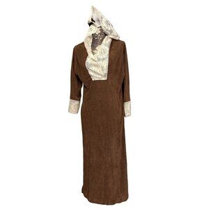 KEYLOUN Lace Trim Terry Cloth Hooded Side Slits Pocket Nightgown Women L USA 80s